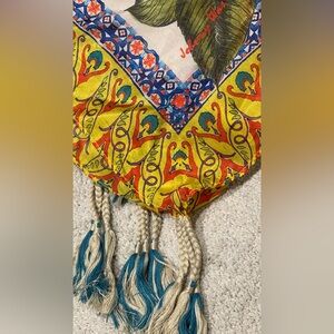 JOHNNY WAS Silk Scarf Tiger Botanicals Parrot Boho Wrap w/ Tassels